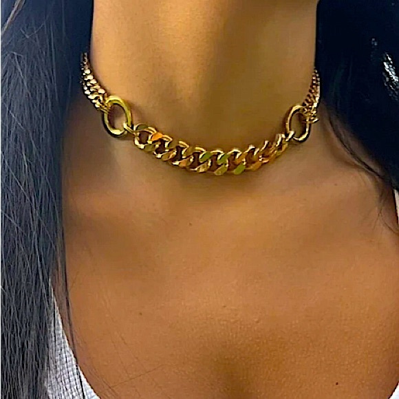 Gold Chain Link O Ring Choker Necklace Statement Cuban Chain Link Gold Plated. - Picture 7 of 9